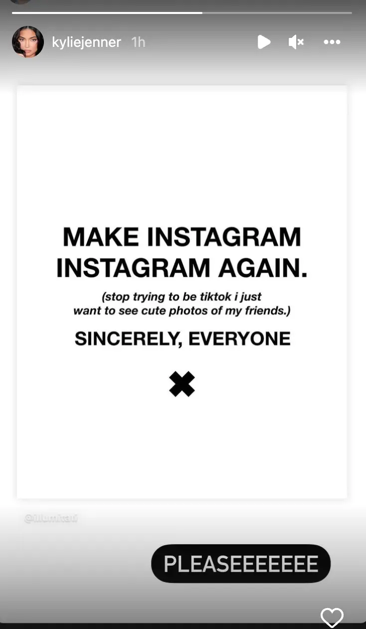 Print do story da Kylie Jenner pedindo para que o Instagram volte a ser o que era antes.