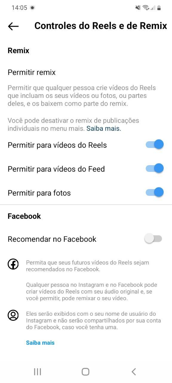 Tela de configurações de privacidade dos Reels e Remix, no aplicativo do Instagram para Android.