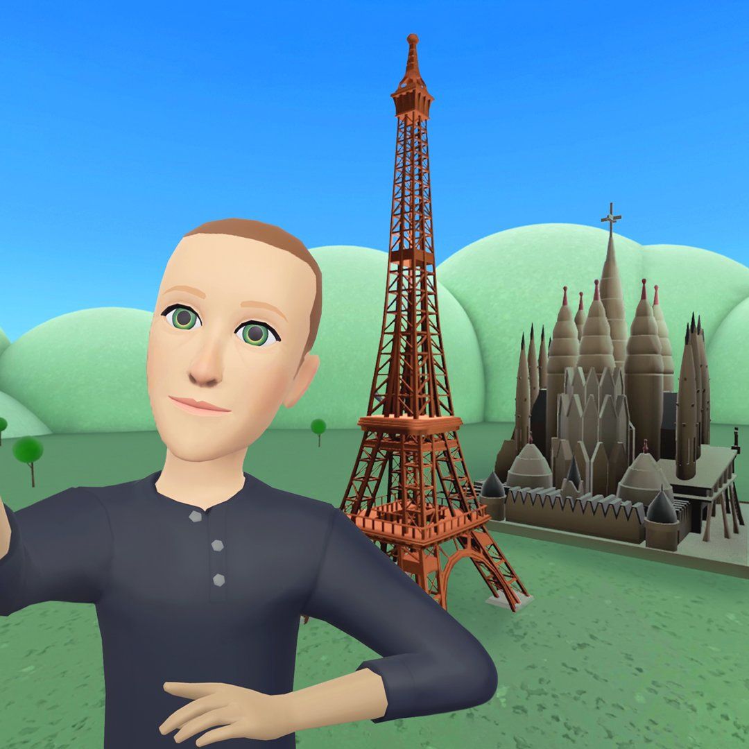 Imagem virtual de um avatar de Mark Zuckerberg com a torre Eiffel e uma igreja ao fundo, num gramado verde.