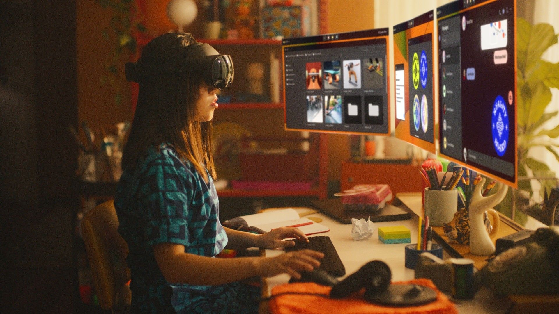 Foto lateral de uma mulher, sentada em sua escrivaninha, usando um Meta Quest Pro com três telas projetadas à sua frente.