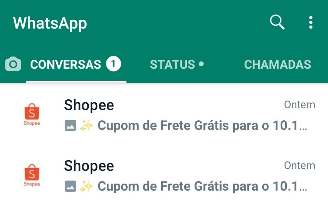 Print parcial da lista de conversas do WhatsApp, mostrando duas mensagens da Shopee oferecendo cupom de frete grátis.