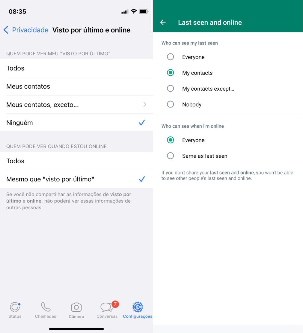 Duas telas mostrando a nova opção do WhatsApp de esconder o status “Online” (iOS à esquerda, Android à direita).
