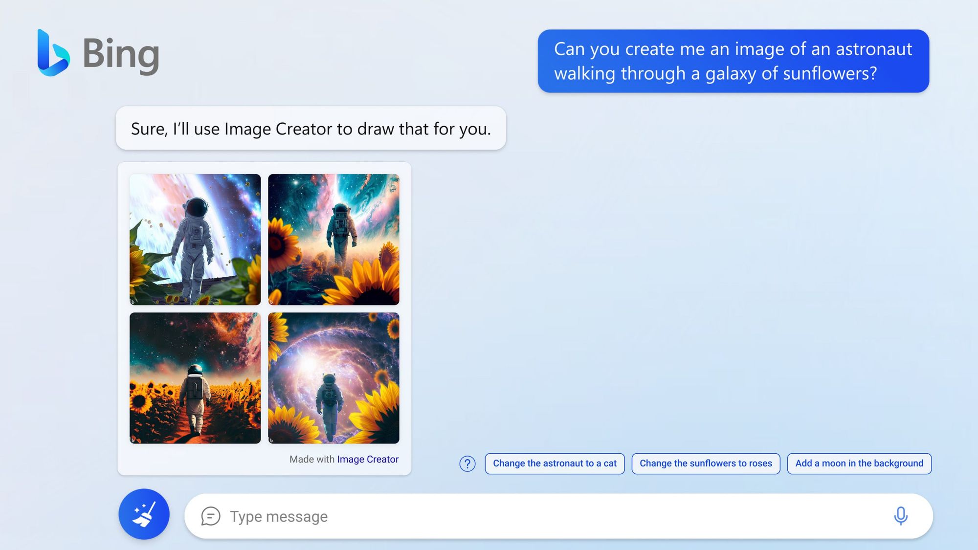Diálogo com o Bing Chat, com o Image Creator mostrando imagens de um astronauta caminhando em uma galáxia de girassóis.