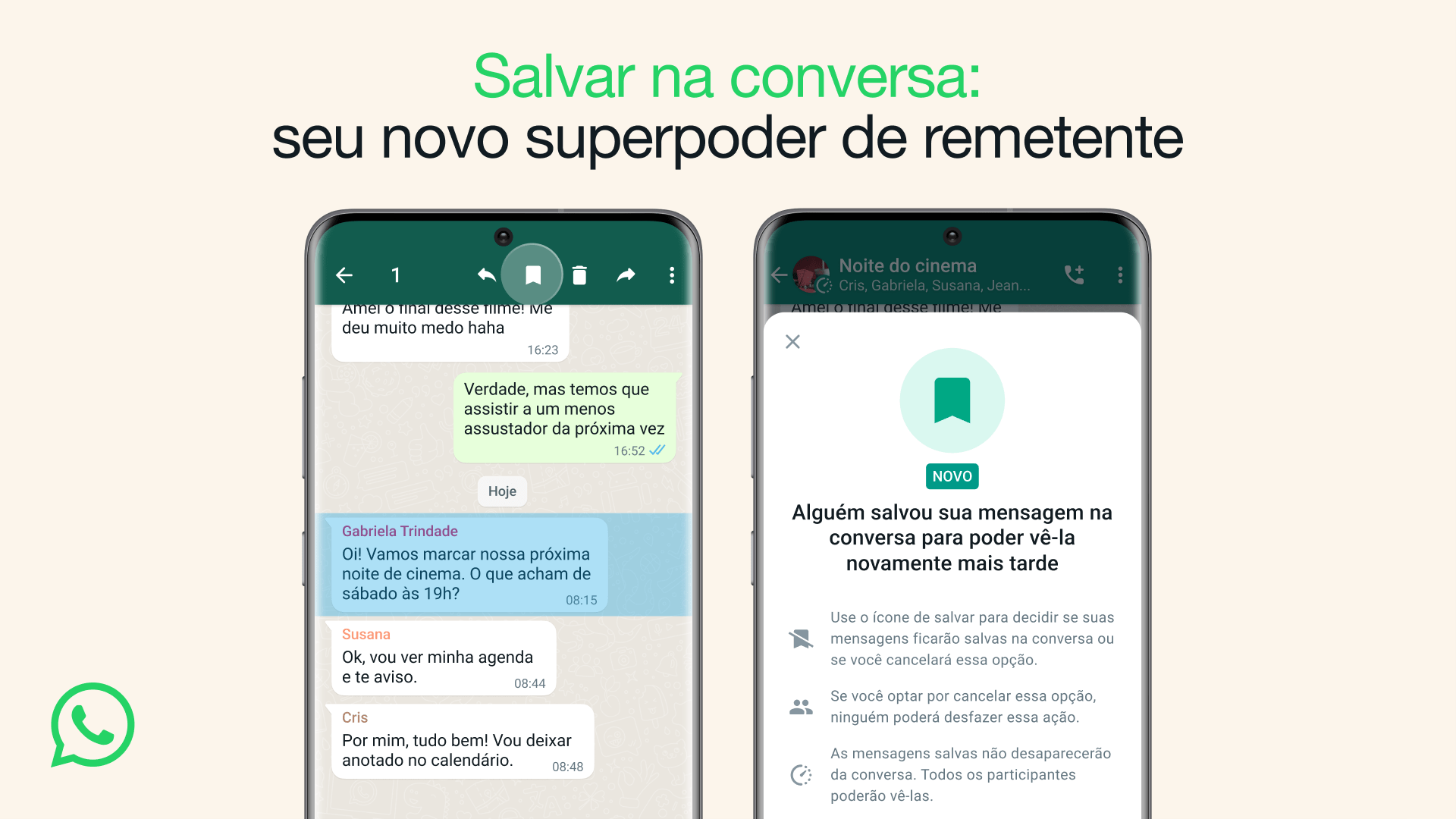 Dois prints do WhatsApp para Android mostrando o recurso “salvar na conversa”.