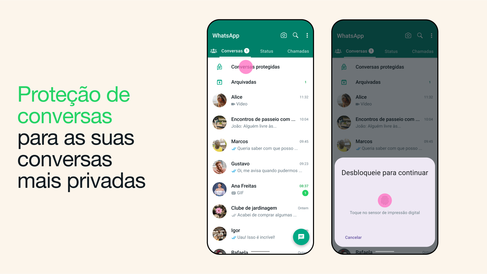 Dois prints do WhatsApp para Android mostrando a proteção de conversas em ação.