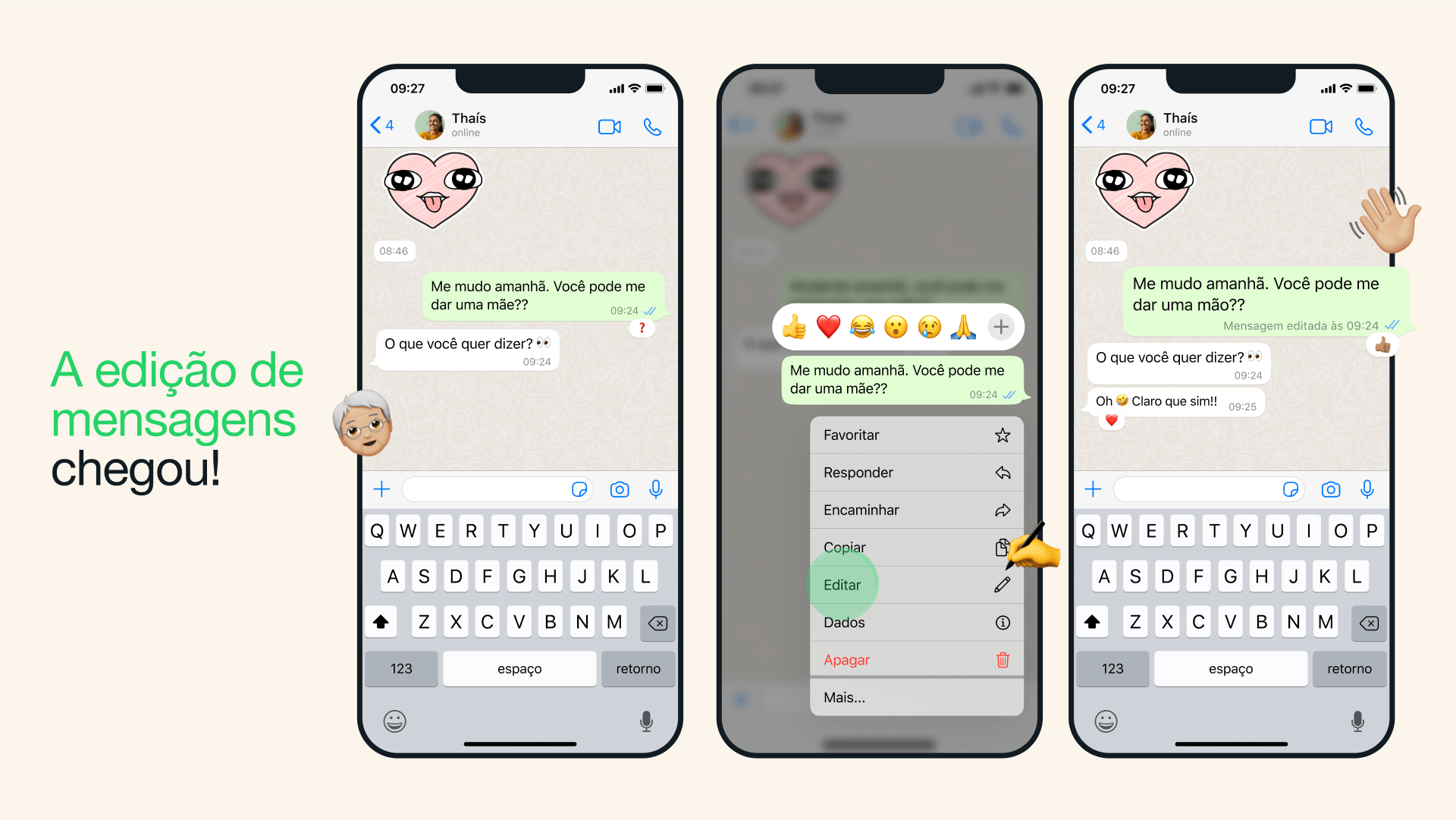 Três prints do WhatsApp para iOS mostrando o passo a passo da edição de mensagens.