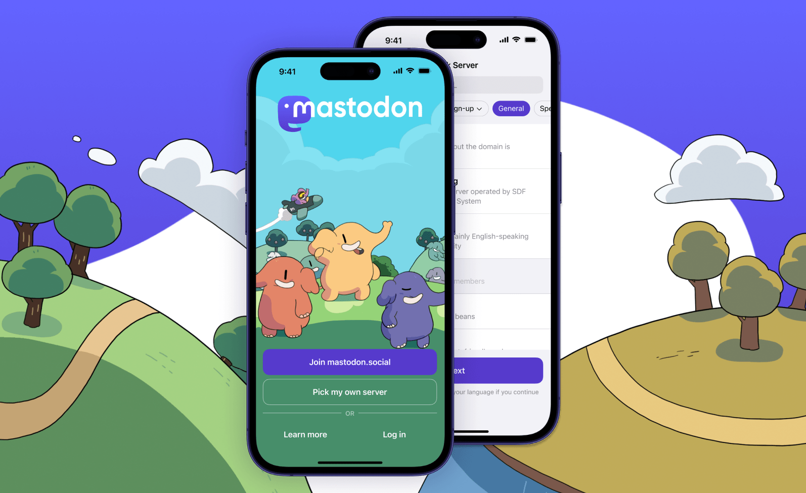 Dois prints do aplicativo do Mastodon para iOS, mostrando a tela inicial com destaque para o botão “entrar no mastodon.social”.