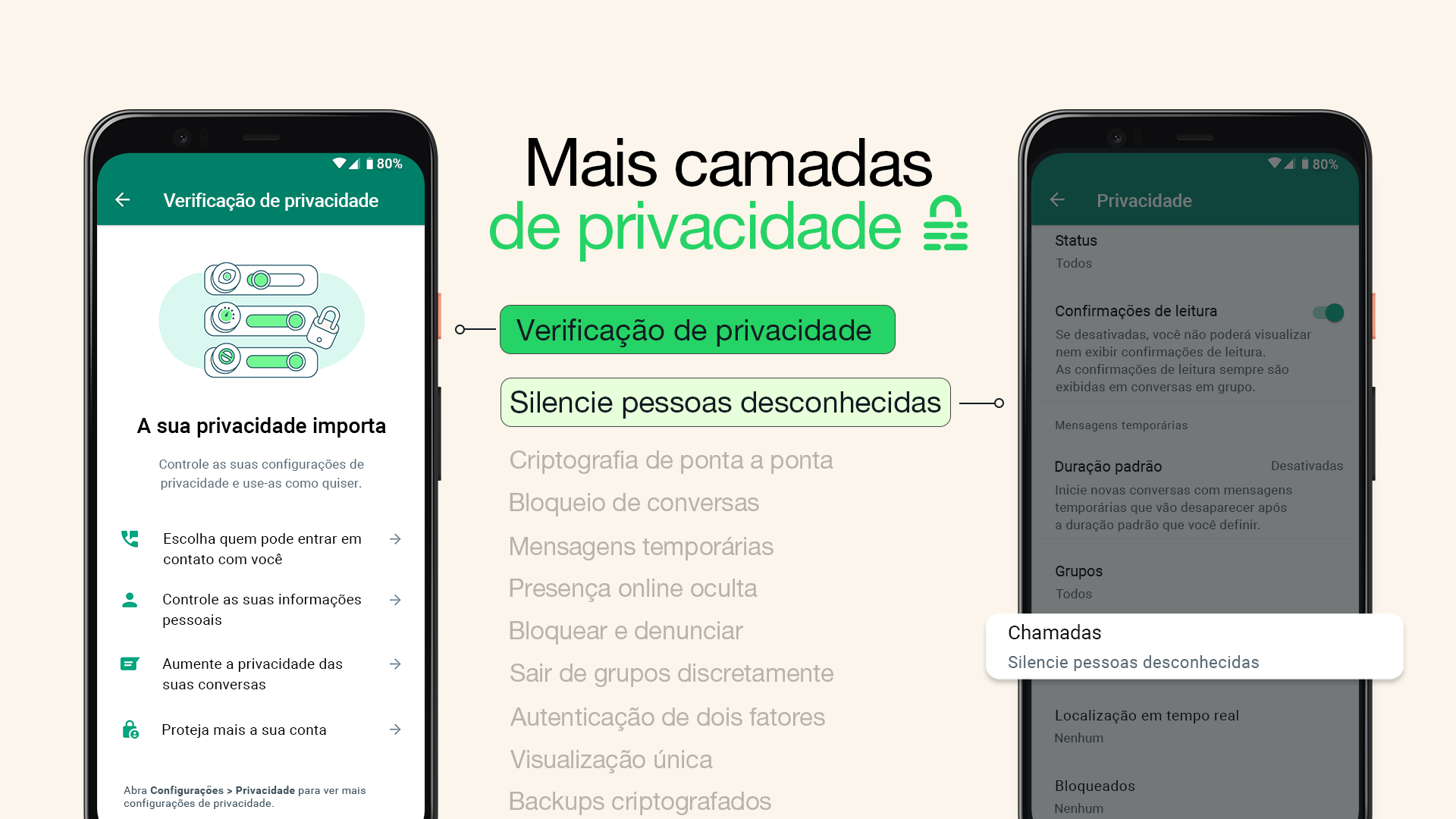 Dois prints do WhatsApp mostrando os novos recursos, com o título “Mais camadas de privacidade”.