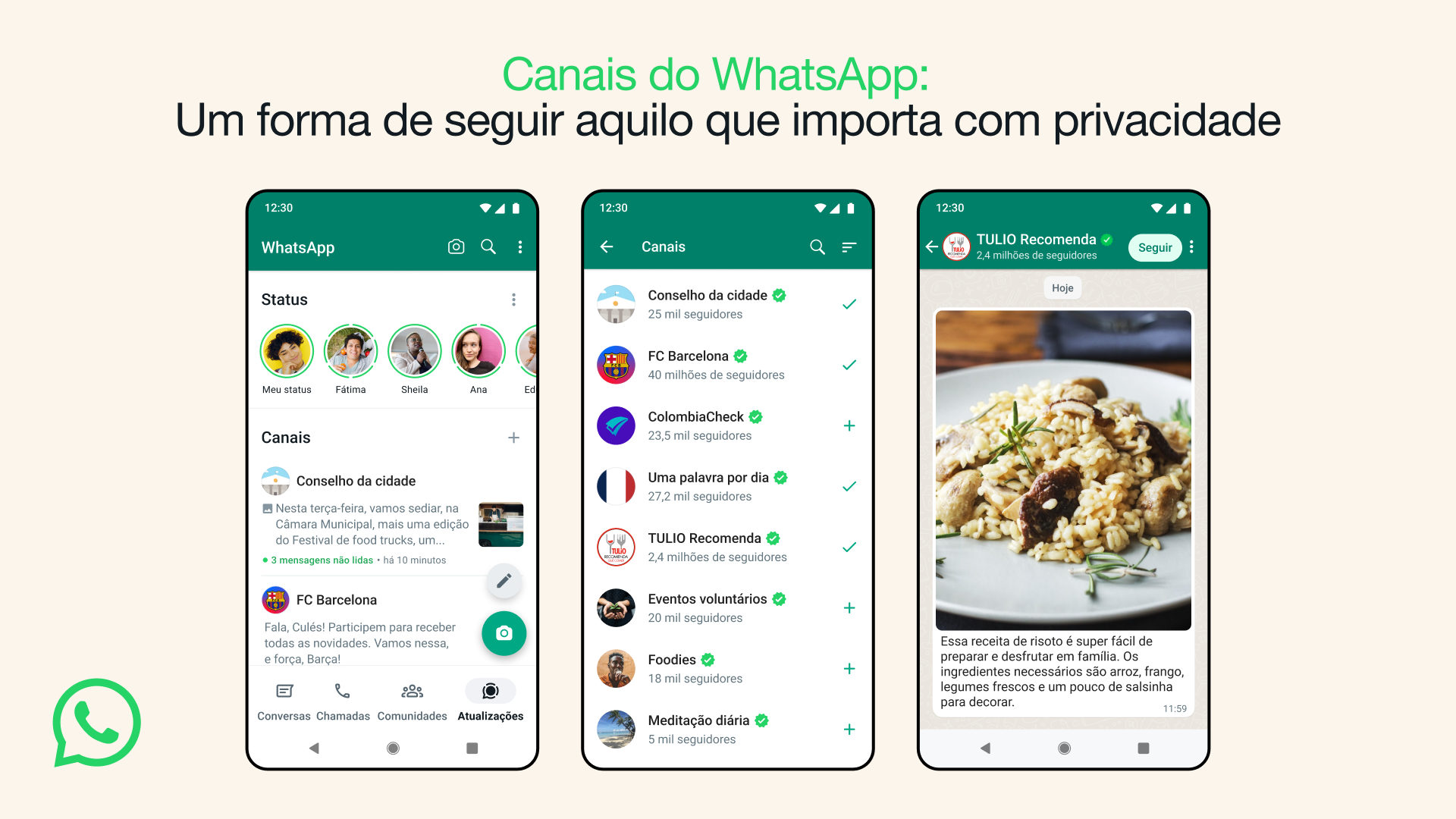 Três prints do WhatsApp mostrando a interface de canais.