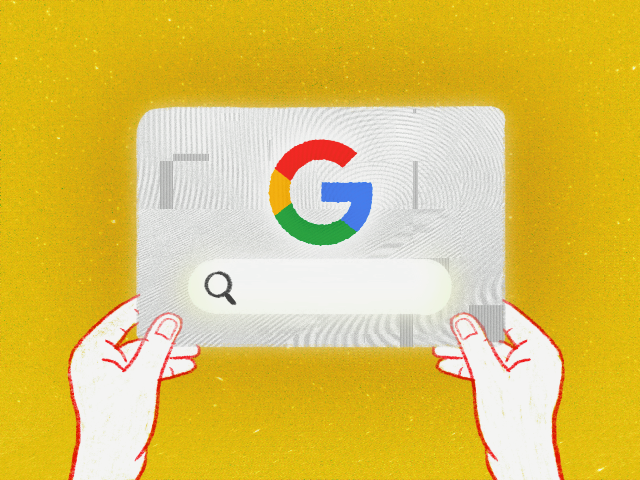 Ilustração de duas mãos segurando um retângulo branco com o logo do Google e um campo de busca.