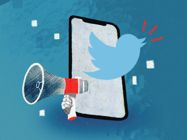Ilustração do logo do Twitter e de uma mão segurando um megafone, em frente a uma tela de celular em branco.