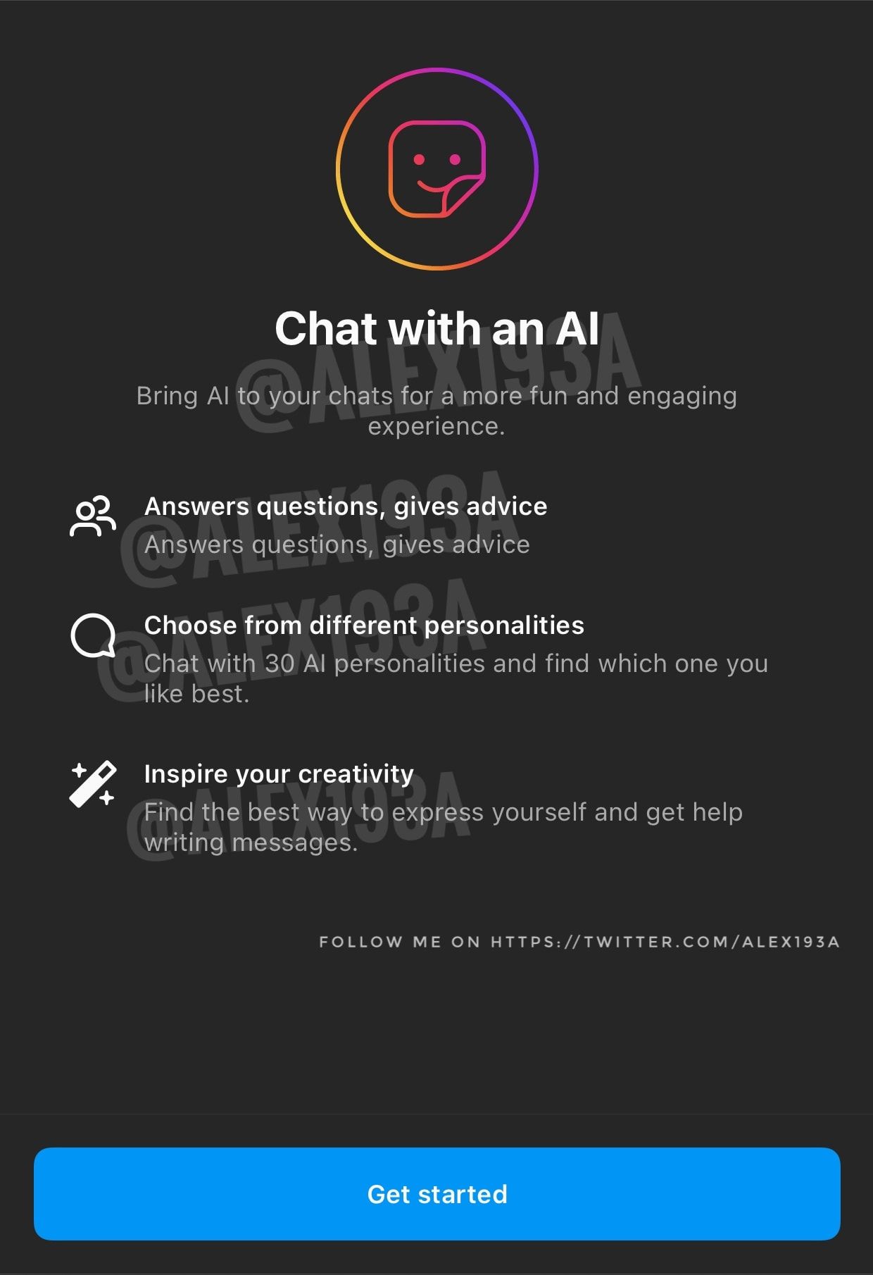 Print de uma tela de apresentação do “Chat with an AI” do Instagram.