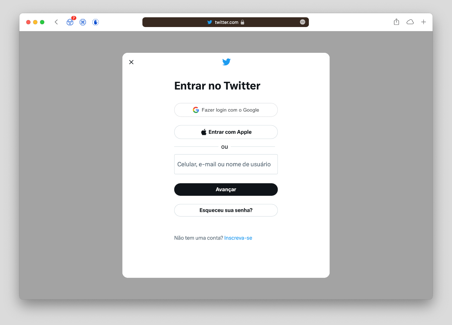 Print do site do Twitter aberto no Safari, mostrando o formulário de login.