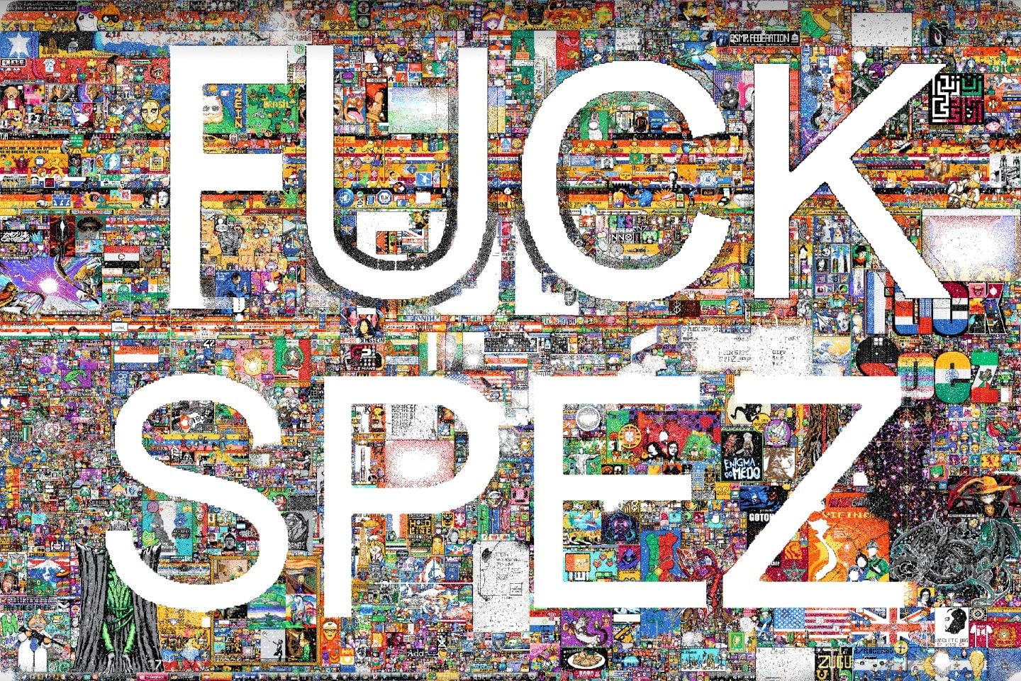 Visão geral do quadro colaborativo do r/Place, com as palavras “Fuck Spez” escritas com pixels brancos.