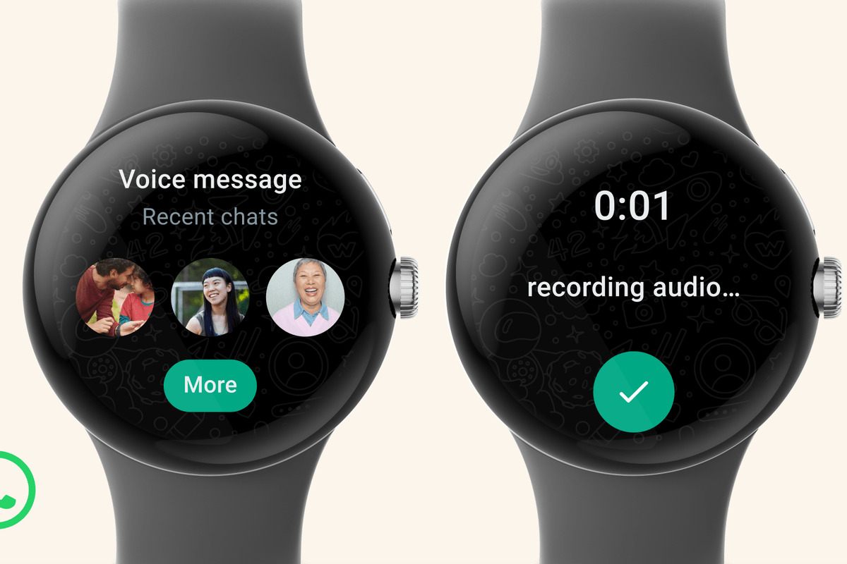 Duas imagens do Pixel Watch, relógio do Google, com o app do WhatsApp.