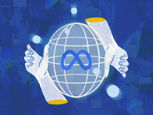 Logo da Meta dentro de um globo, com duas mãos em volta e um fundo azul.