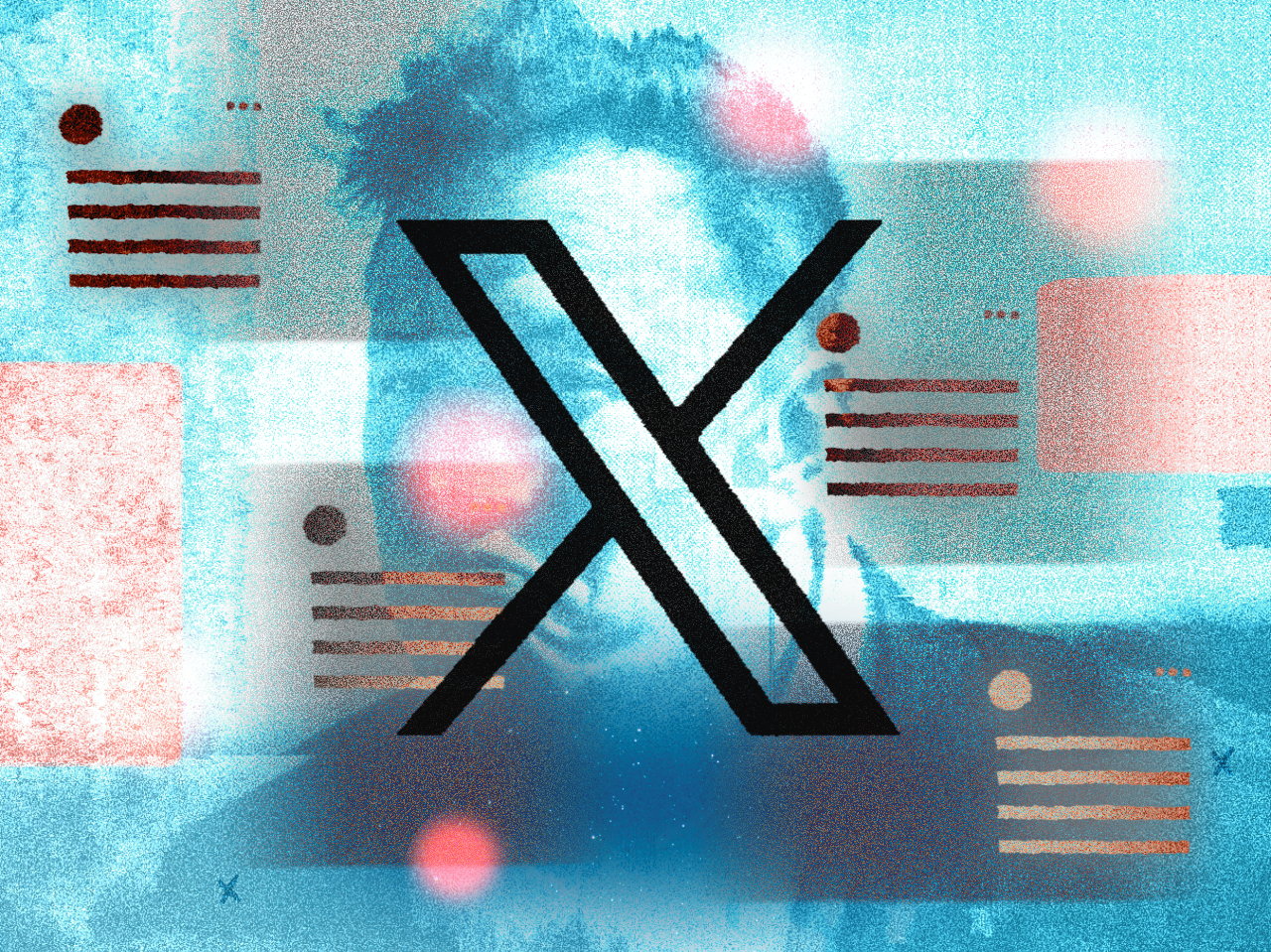 Logo do X (Twitter) contra um fundo azul com detalhes vermelhos estilizado e foto de Musk ao fundo.