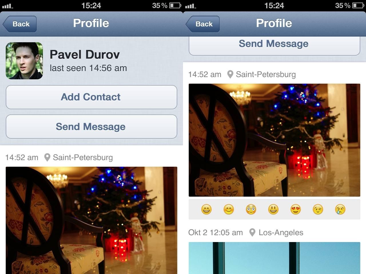 Dois prints do Telegram pré-lançamento, no iOS, mostrando o perfil de Durov com fotos, geolocalização e reações (emojis).
