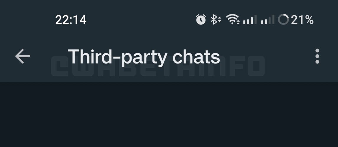 Print parcial da tela do WhatsApp Beta, com o título (em inglês) “Third-party chats”.