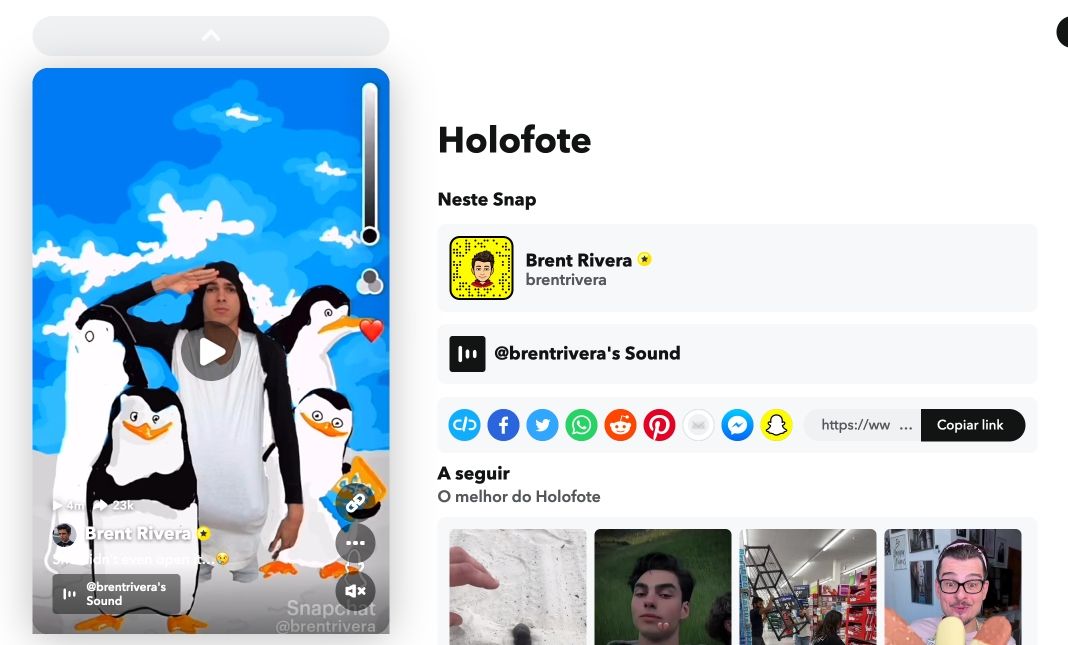 Print de um vídeo do Snapchat, do lado esquerdo da página, e botões de compartilhamento à direita, incluindo um azul de incorporação.