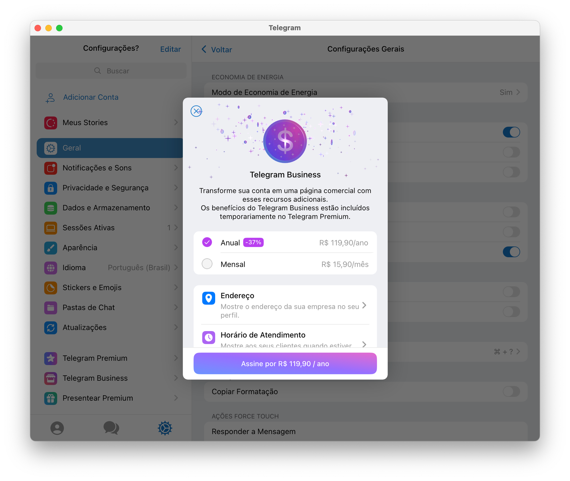 Print do popup do Telegram Business no app para macOS.