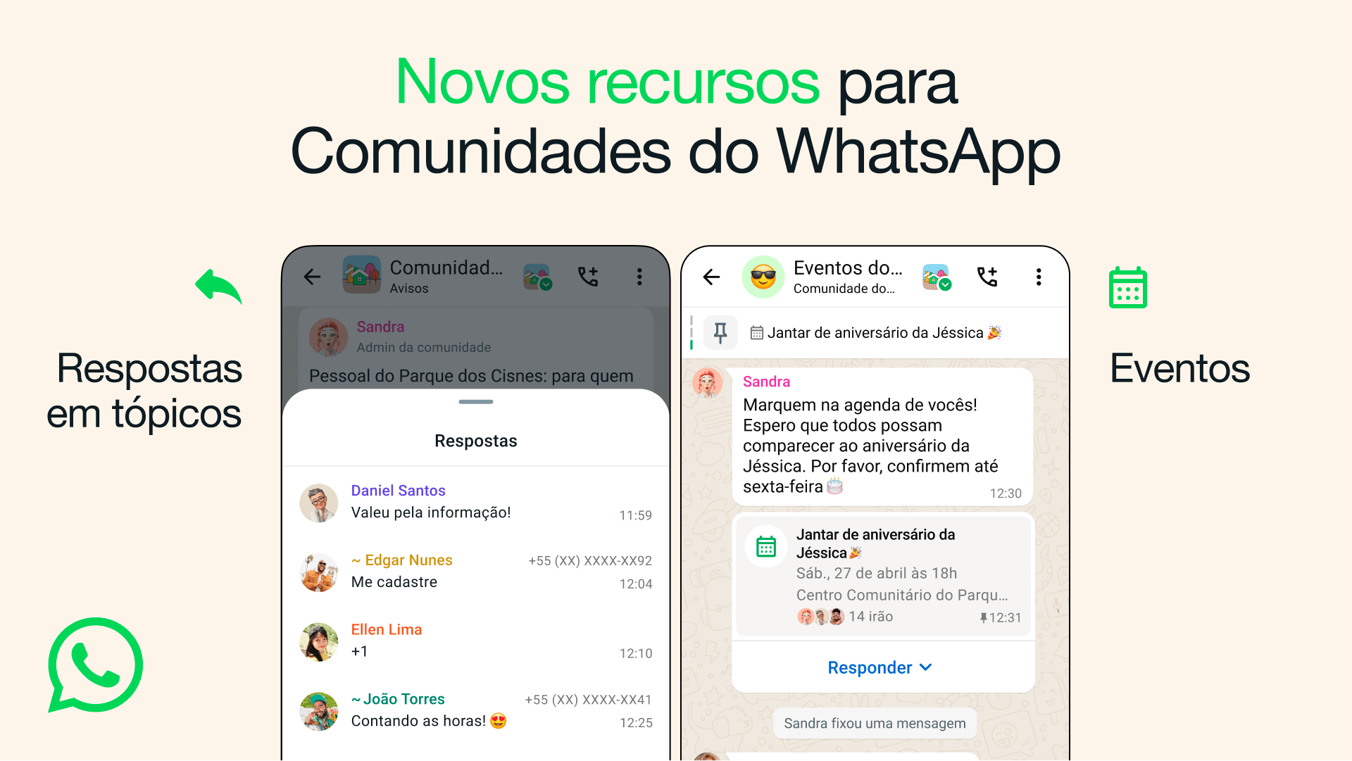 Dois prints do WhatsApp mostrando respostas em tópicos e eventos em comunidades.