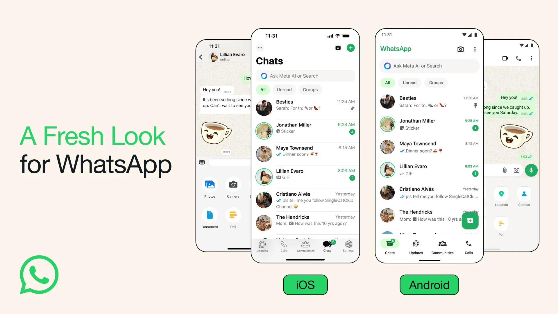 Prints do WhatsApp para Android e iOS com o novo visual.