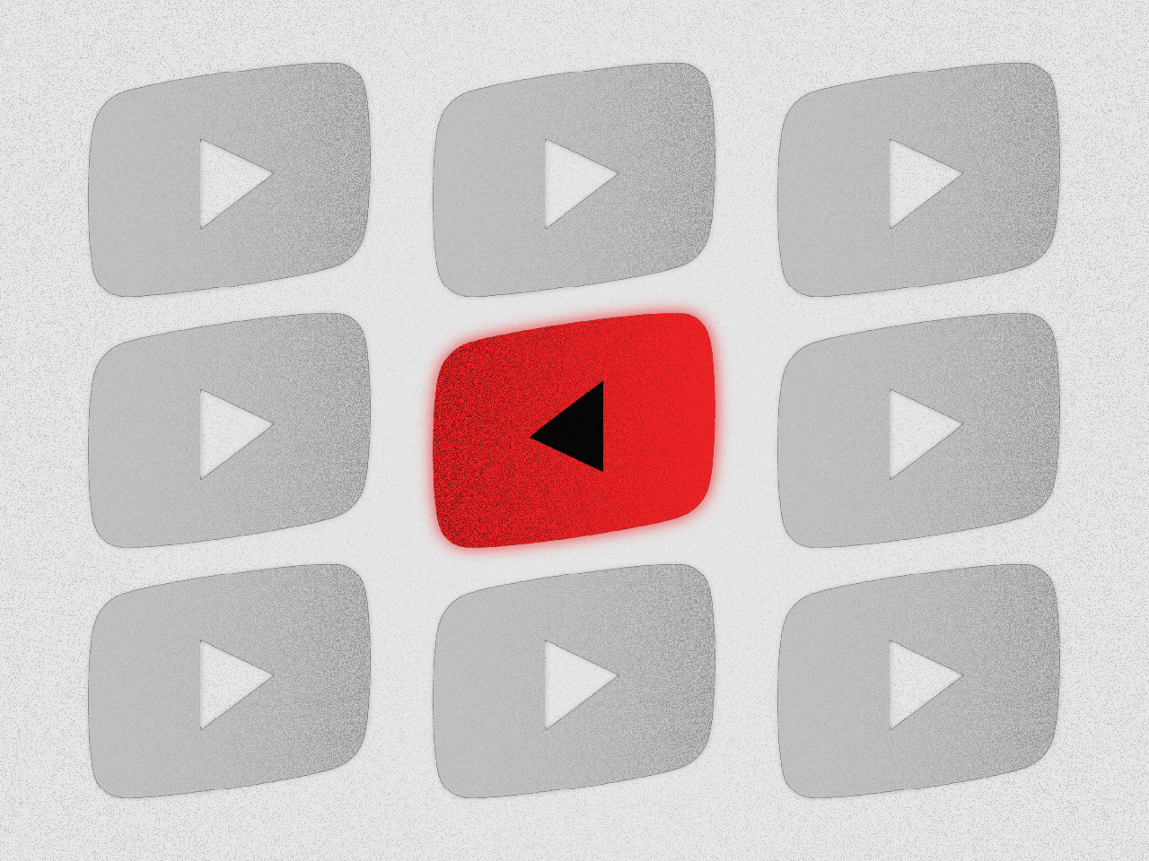 Imagem produzida digitalmente mostra 9 logos do Youtube em cinza e branco. O logo ao centro está colorido em vermelho e p